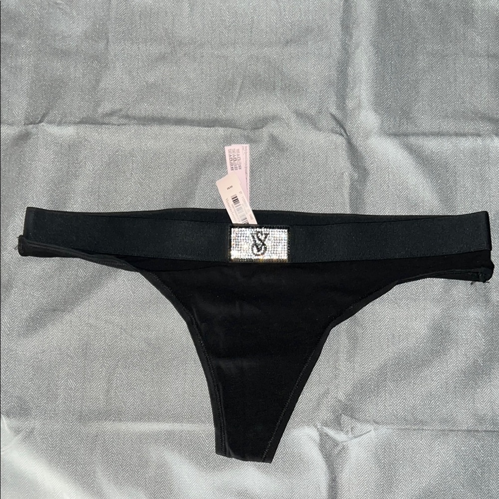 Victoria's Secret Black Thong with Rhinestone Logo